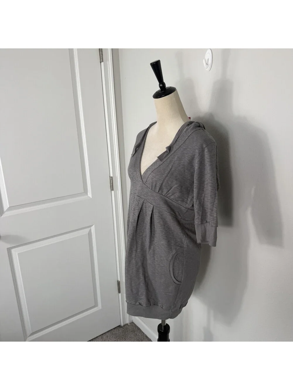 Vintage Y2K Longline Hoodie Sweater Top V Neck Tunic Size Large Gray Coquette